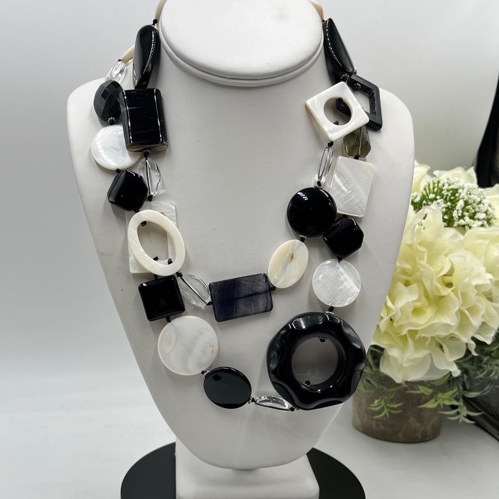 Bold Black Onyx Mother of Pearl Geometric Chunky Runway
Mixed Media Necklace 40"